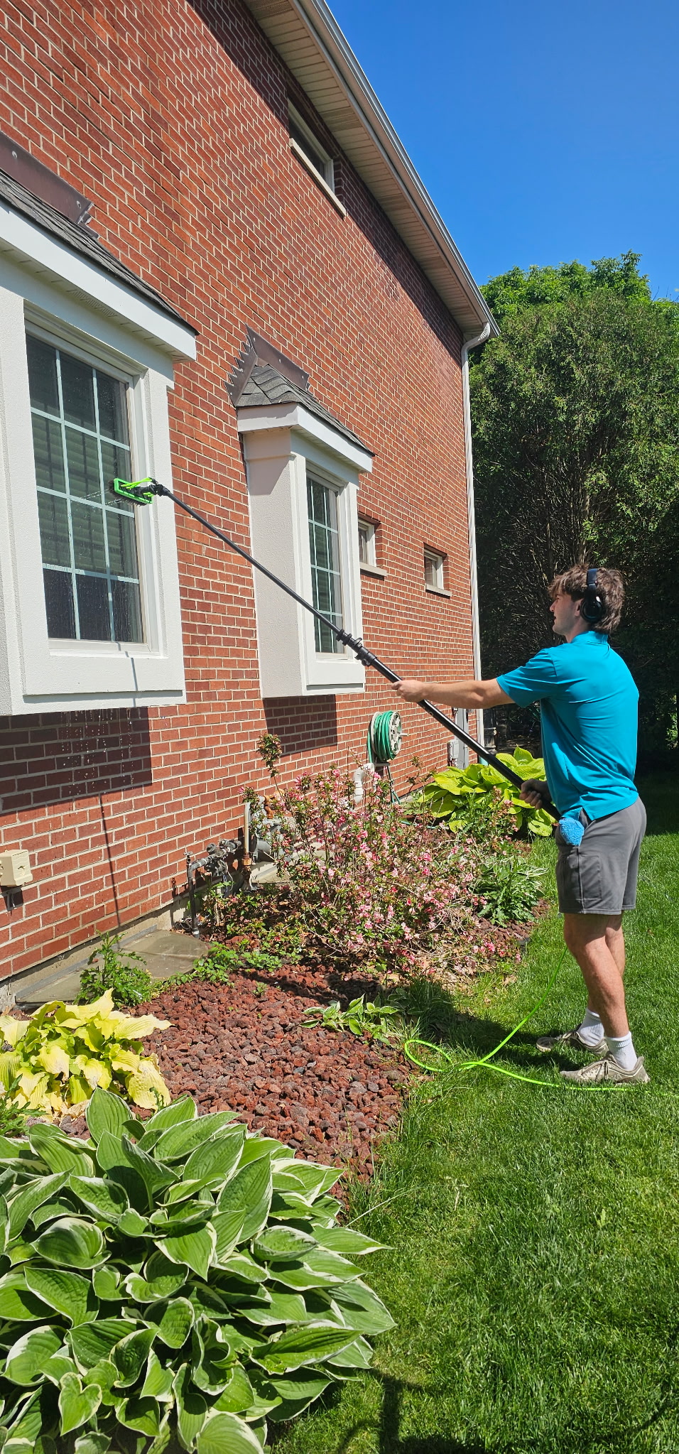 Brick home exterior window cleaning, garden foreground
